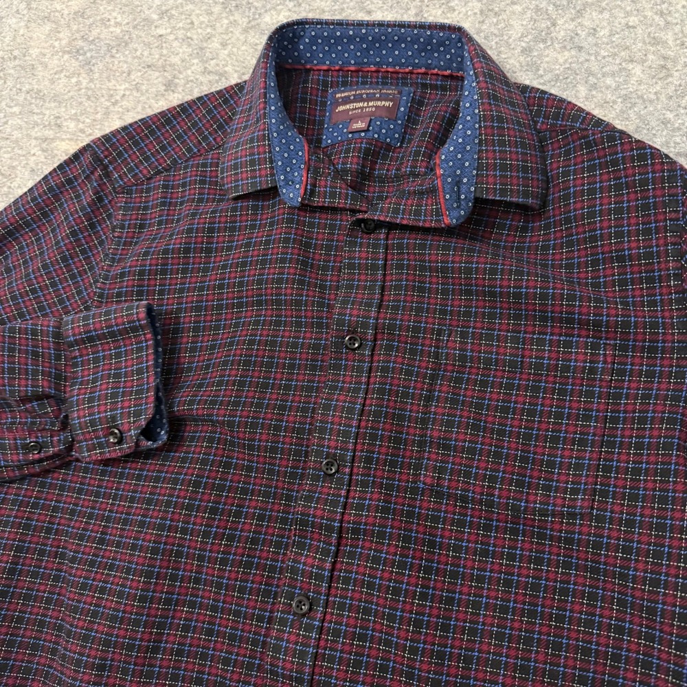 Johnston & Murphy Mens L Burgundy Plaid Button Down Premium European Fabric